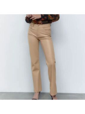Zara camel vegan leather straight leg 5 pocket hi rise Pants nwot size 2